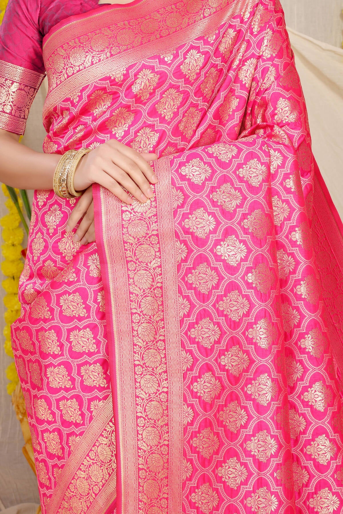 Demure Pink Kanjivaram Silk With Propinquity Blouse Piece