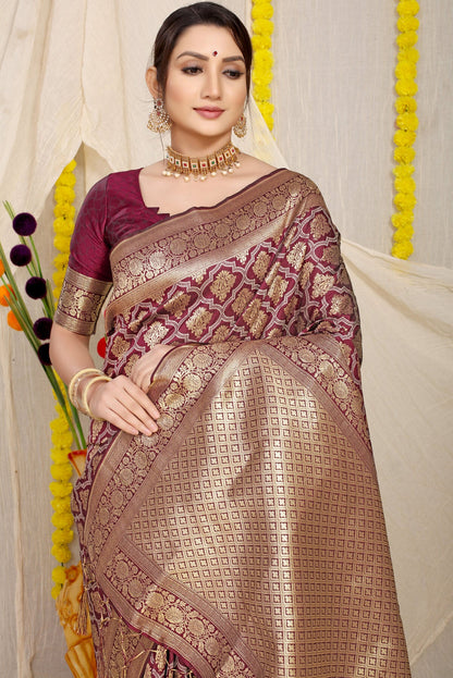 Magnetic Wine Kanjivaram Silk With Dissemble Blouse Piece