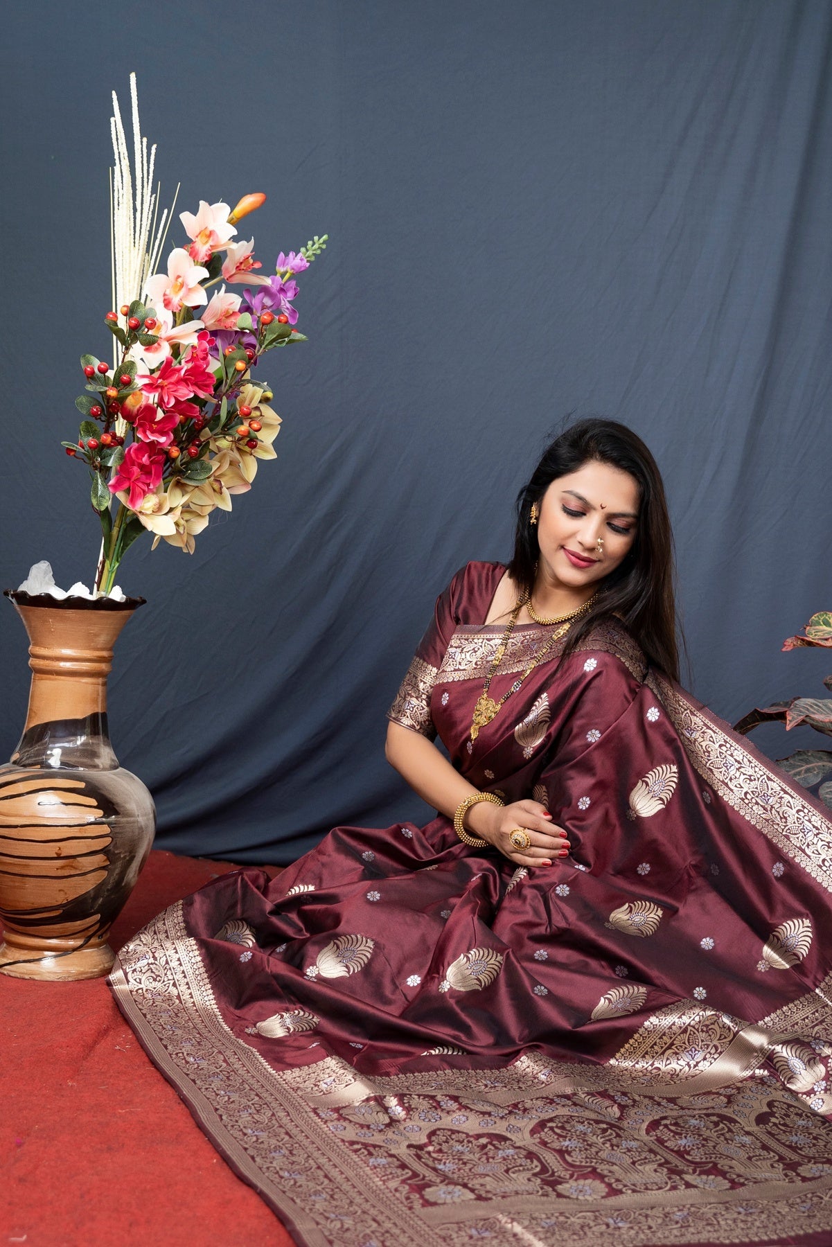 Petrichor Brown Kanjivaram Silk With Demure Blouse Piece
