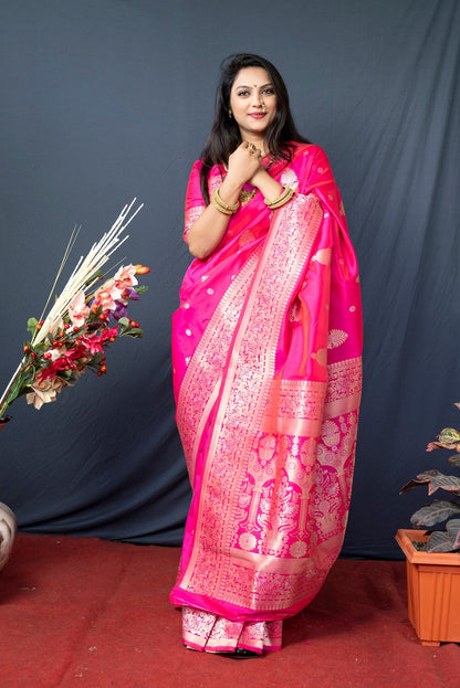 Redolent Dark Pink Kanjivaram Silk With Demure Blouse Piece