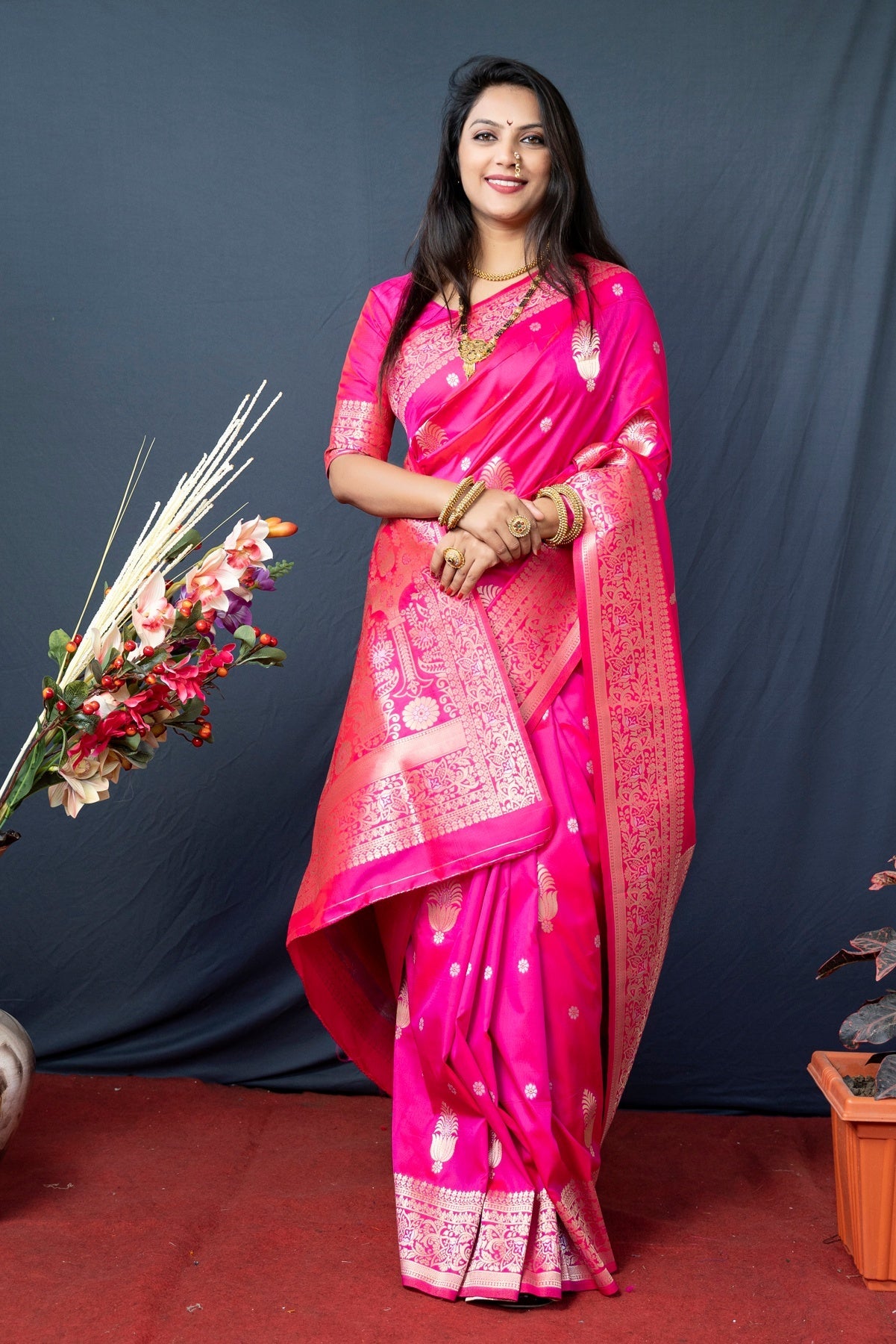 Redolent Dark Pink Kanjivaram Silk With Demure Blouse Piece