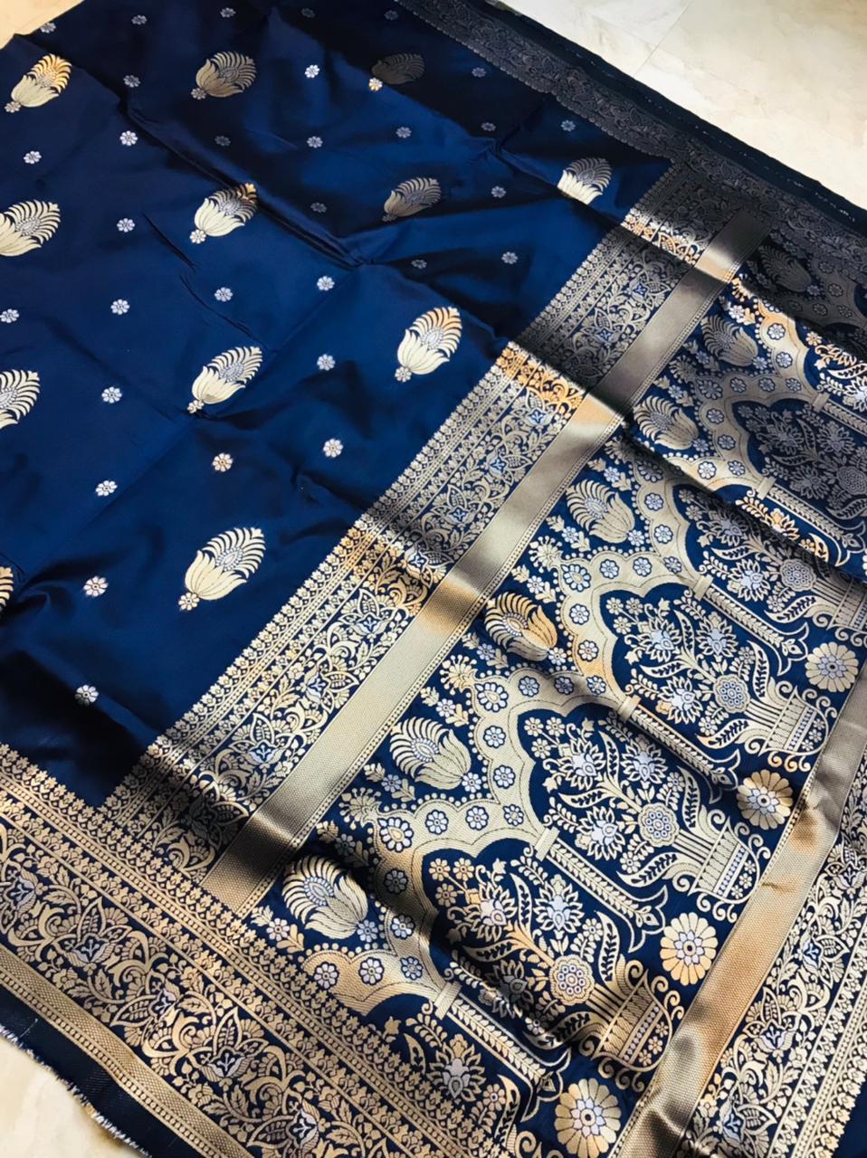 Palimpsest Navy Blue Kanjivaram Silk With Demure Blouse Piece