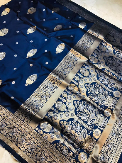 Palimpsest Navy Blue Kanjivaram Silk With Demure Blouse Piece