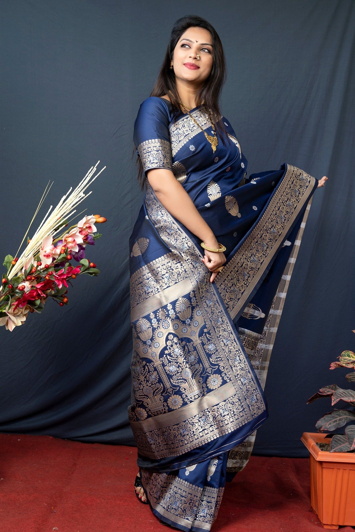 Palimpsest Navy Blue Kanjivaram Silk With Demure Blouse Piece