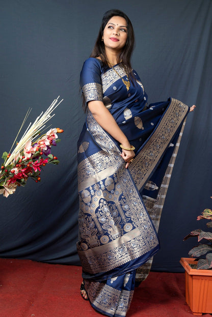 Palimpsest Navy Blue Kanjivaram Silk With Demure Blouse Piece