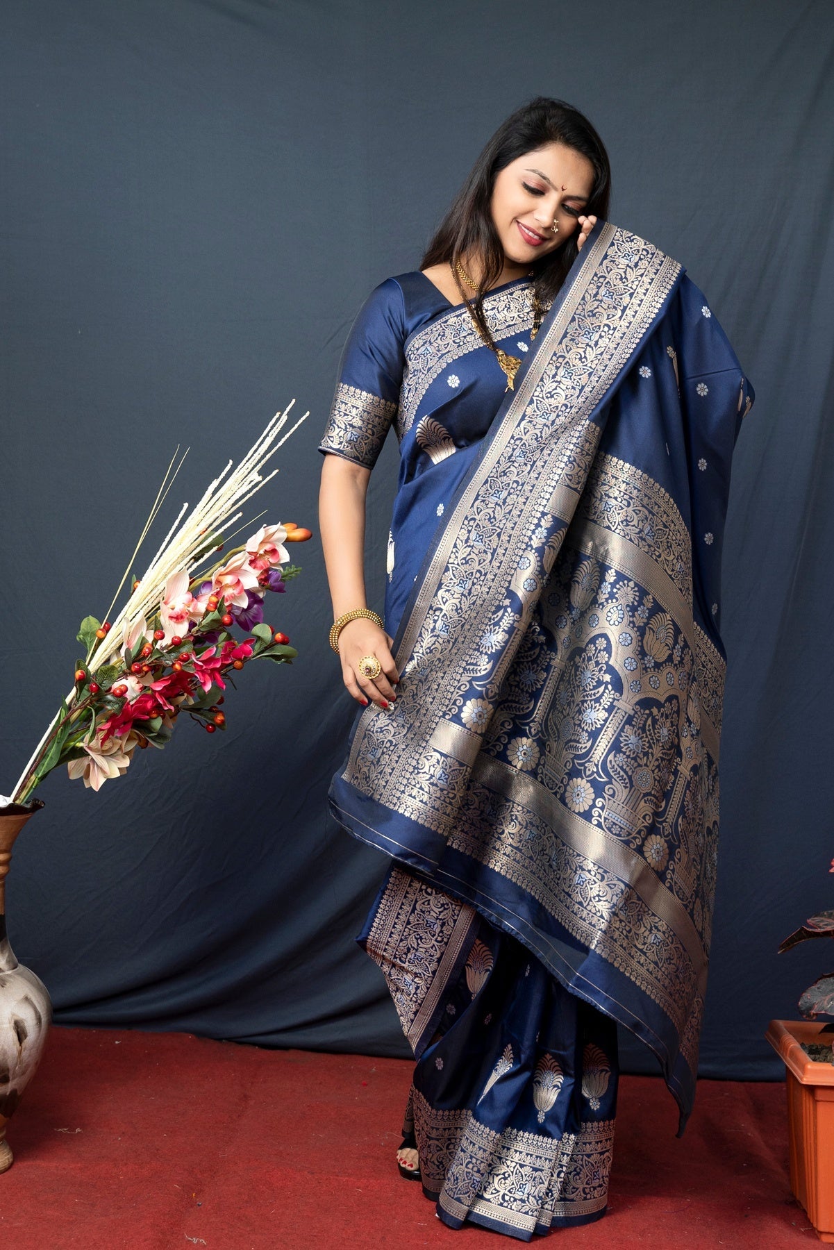 Palimpsest Navy Blue Kanjivaram Silk With Demure Blouse Piece