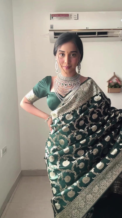 Gorgeous 1-Minute Ready To Wear Green Soft Silk Saree