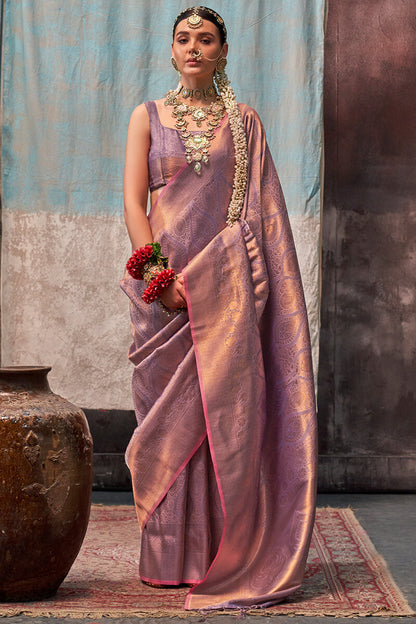 Sempiternal Lavender Kanjivaram Silk Saree With Snazzy Blouse Piece