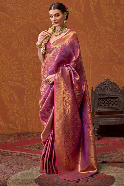 Flaunt Purple Kanjivaram Silk Saree With Sizzling Blouse Piece