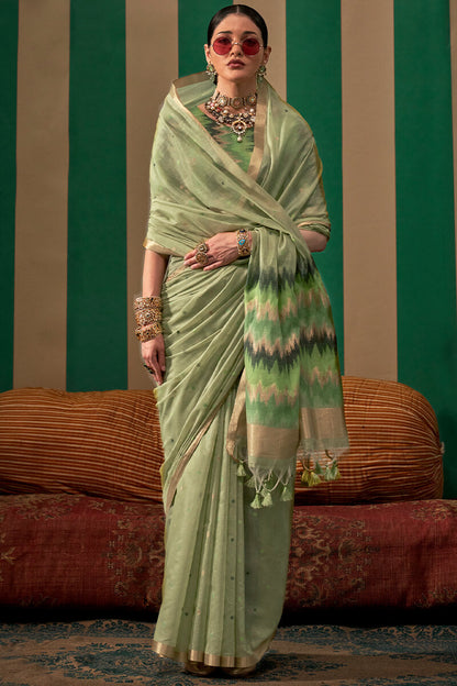 Engaging Pista Cotton Silk Saree With Transcendent Blouse Piece