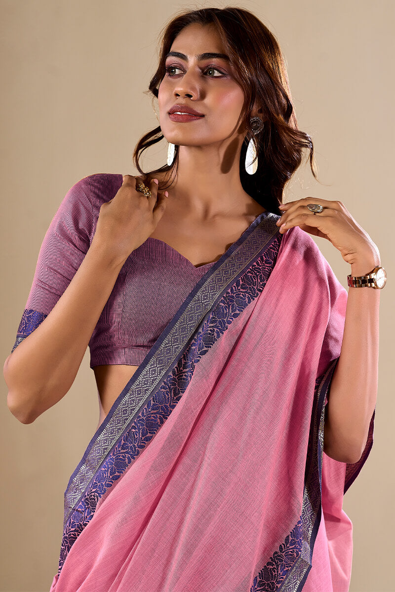 Sophisticated Baby Pink Cotton Silk Saree With Gleaming Blouse Piece