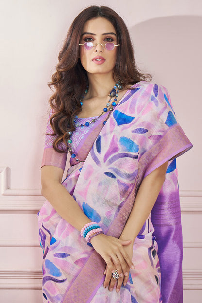 Refreshing Lavender Digital Printed Soft Silk Saree With Adorning Blouse Piece