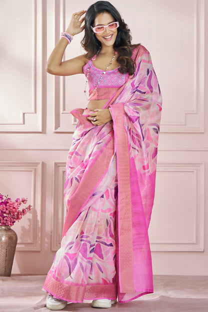 Intricate Pink Digital Printed Soft Silk Saree With Engrossing Blouse Piece