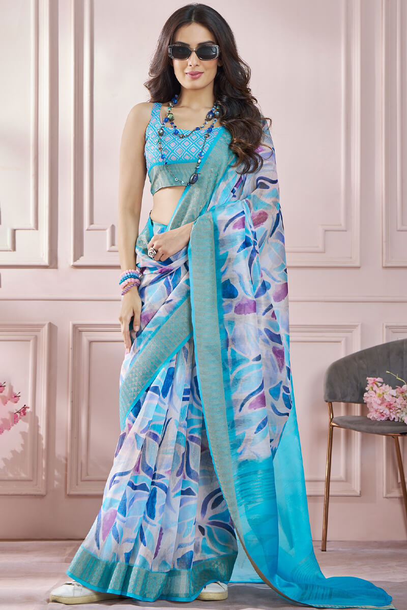 Delightful Firozi Digital Printed Soft Silk Saree With Entrancing Blouse Piece