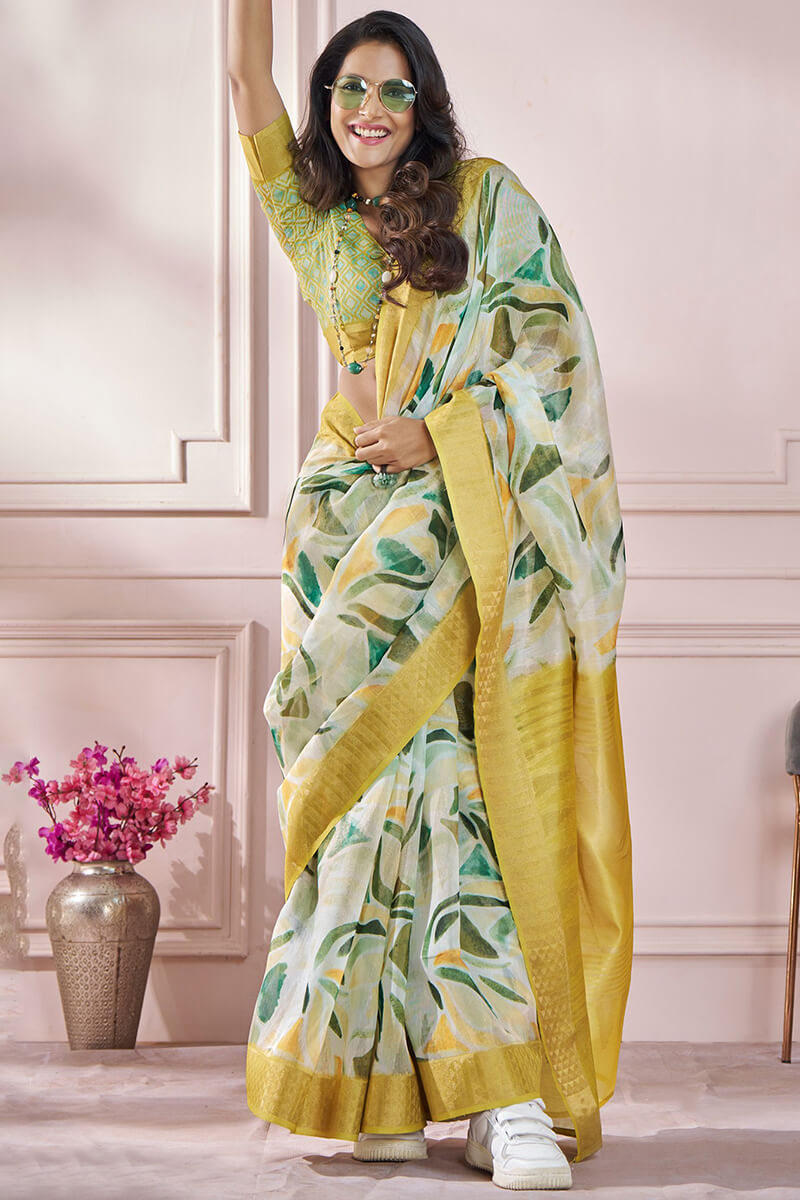 Bewitching Mustard Digital Printed Soft Silk Saree With Cynosure Blouse Piece