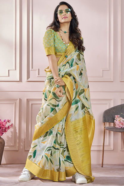 Bewitching Mustard Digital Printed Soft Silk Saree With Cynosure Blouse Piece