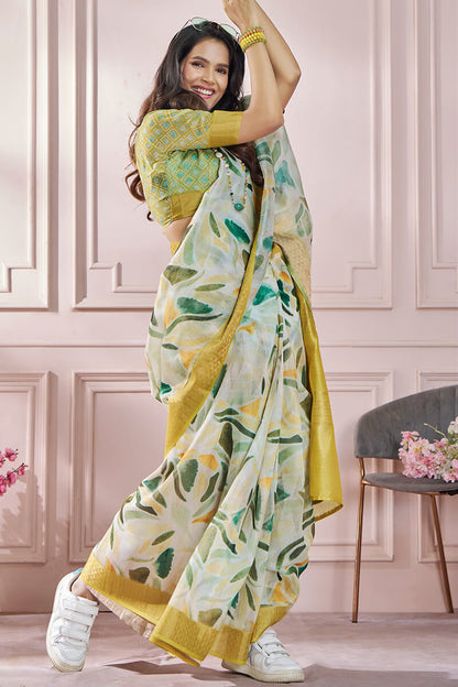 Bewitching Mustard Digital Printed Soft Silk Saree With Cynosure Blouse Piece