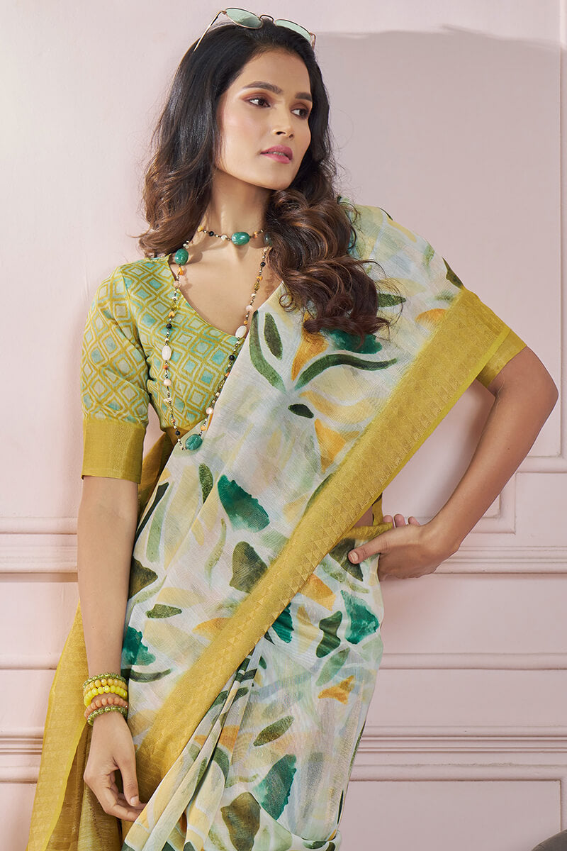 Bewitching Mustard Digital Printed Soft Silk Saree With Cynosure Blouse Piece