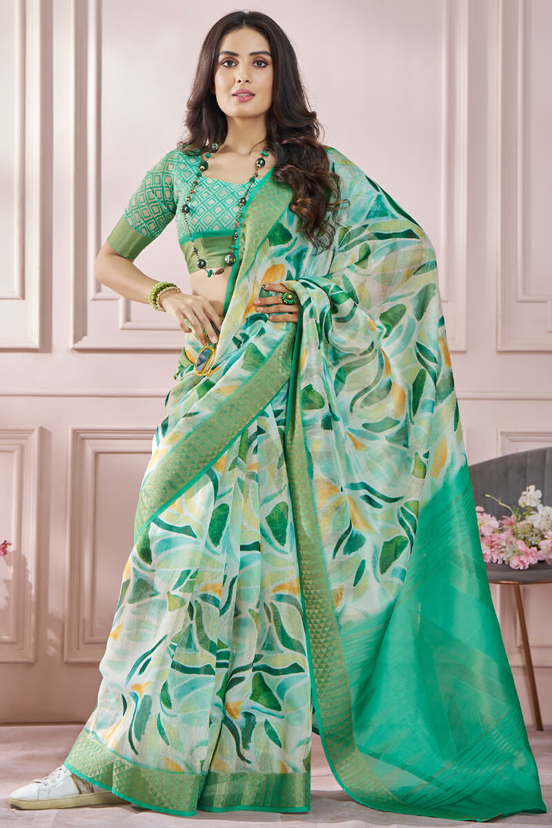 Fugacious Green Digital Printed Soft Silk Saree With Imbrication Blouse Piece