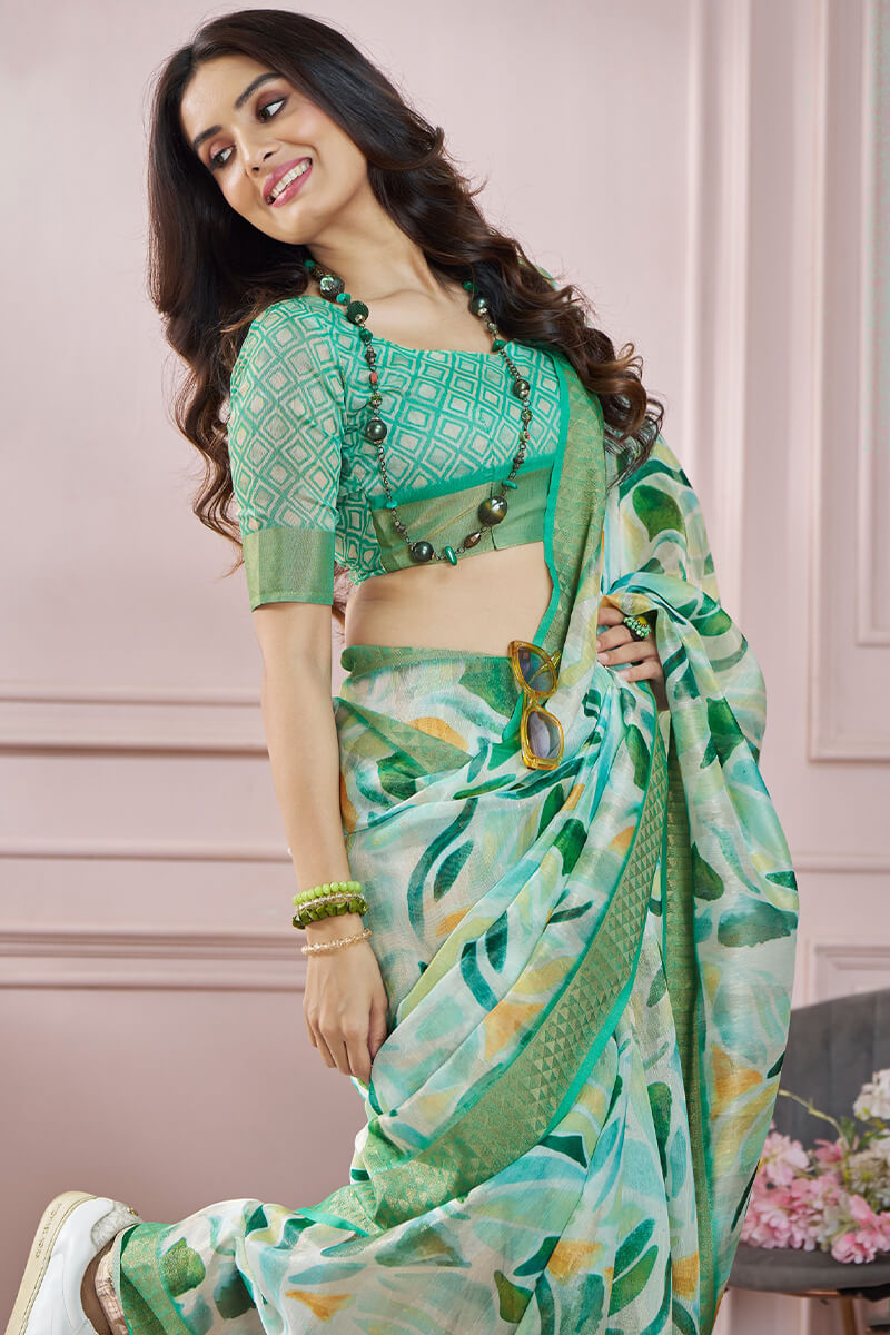 Fugacious Green Digital Printed Soft Silk Saree With Imbrication Blouse Piece