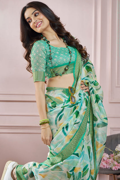 Fugacious Green Digital Printed Soft Silk Saree With Imbrication Blouse Piece