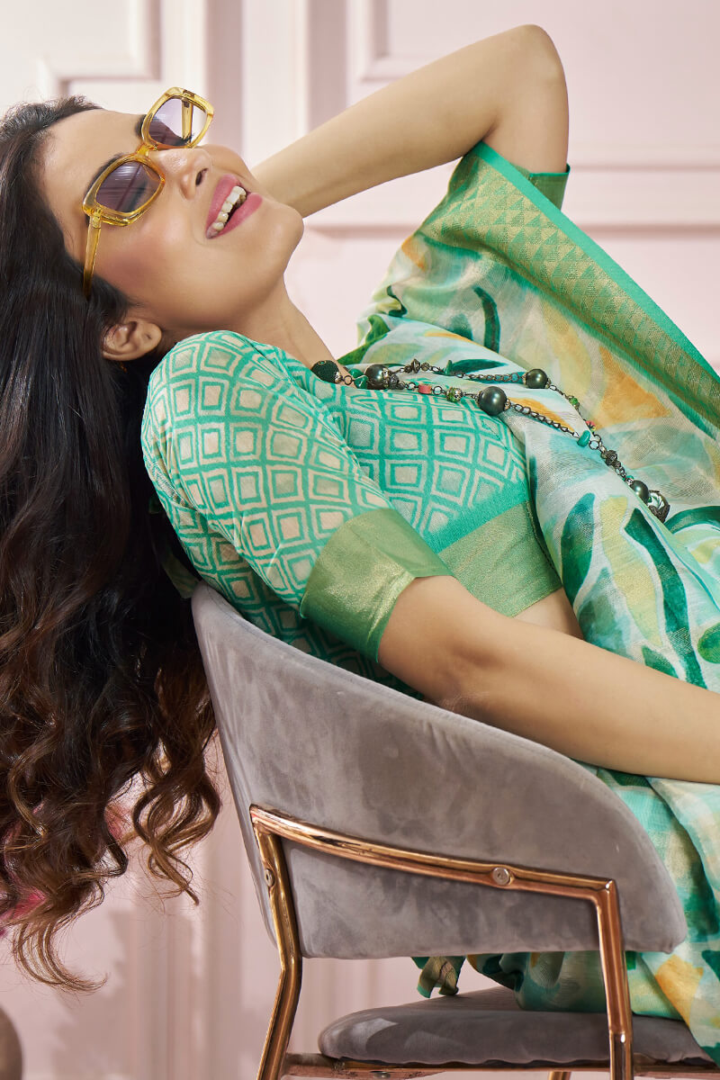 Fugacious Green Digital Printed Soft Silk Saree With Imbrication Blouse Piece