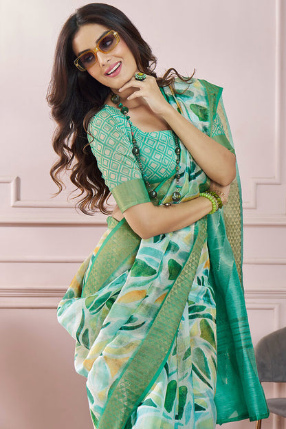Fugacious Green Digital Printed Soft Silk Saree With Imbrication Blouse Piece