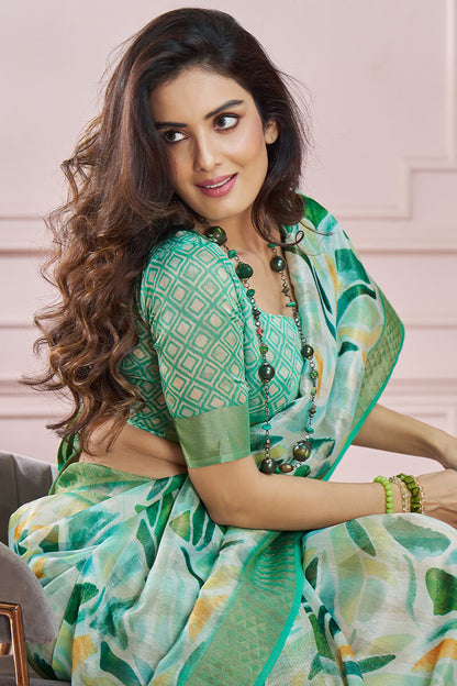 Fugacious Green Digital Printed Soft Silk Saree With Imbrication Blouse Piece