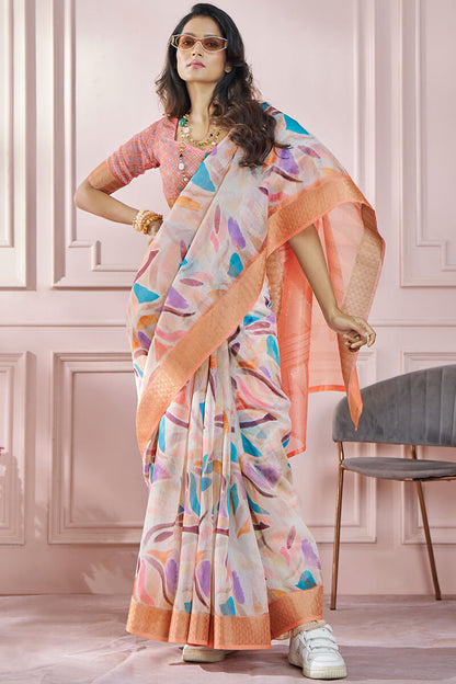 Seraglio Peach Digital Printed Soft Silk Saree With Scrumptious Blouse Piece