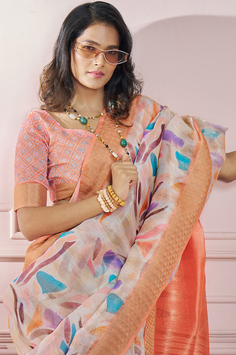 Seraglio Peach Digital Printed Soft Silk Saree With Scrumptious Blouse Piece