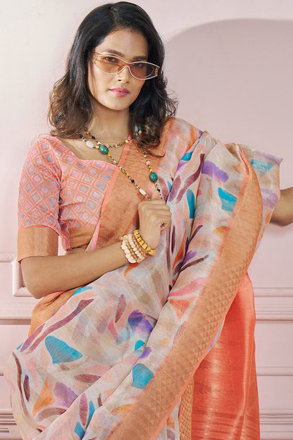 Seraglio Peach Digital Printed Soft Silk Saree With Scrumptious Blouse Piece