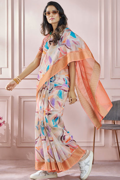 Seraglio Peach Digital Printed Soft Silk Saree With Scrumptious Blouse Piece