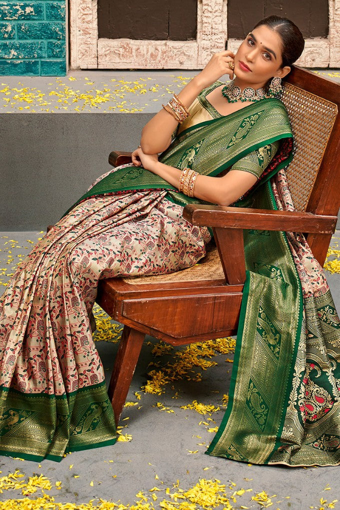 Eclat Beige and Green Kanjivaram Silk Saree With Jubilant Blouse Piece