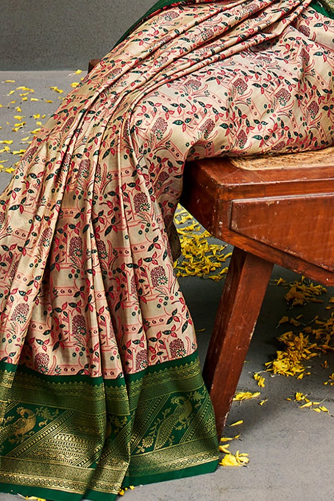 Eclat Beige and Green Kanjivaram Silk Saree With Jubilant Blouse Piece