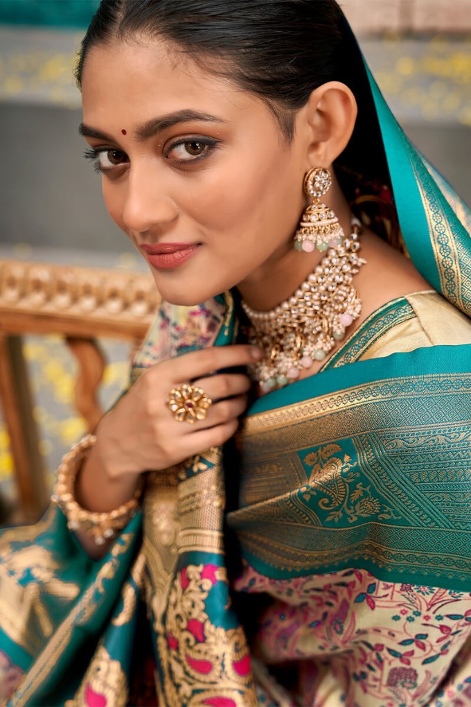 Jubilant Beige and Rama Kanjivaram Silk Saree With Resplendent Blouse Piece