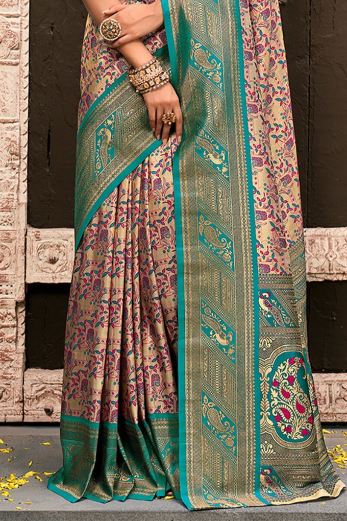 Jubilant Beige and Rama Kanjivaram Silk Saree With Resplendent Blouse Piece
