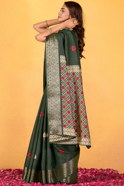 Imbrication Dark Green Foil Printed Dola Silk Saree With Susurrous Blouse Piece