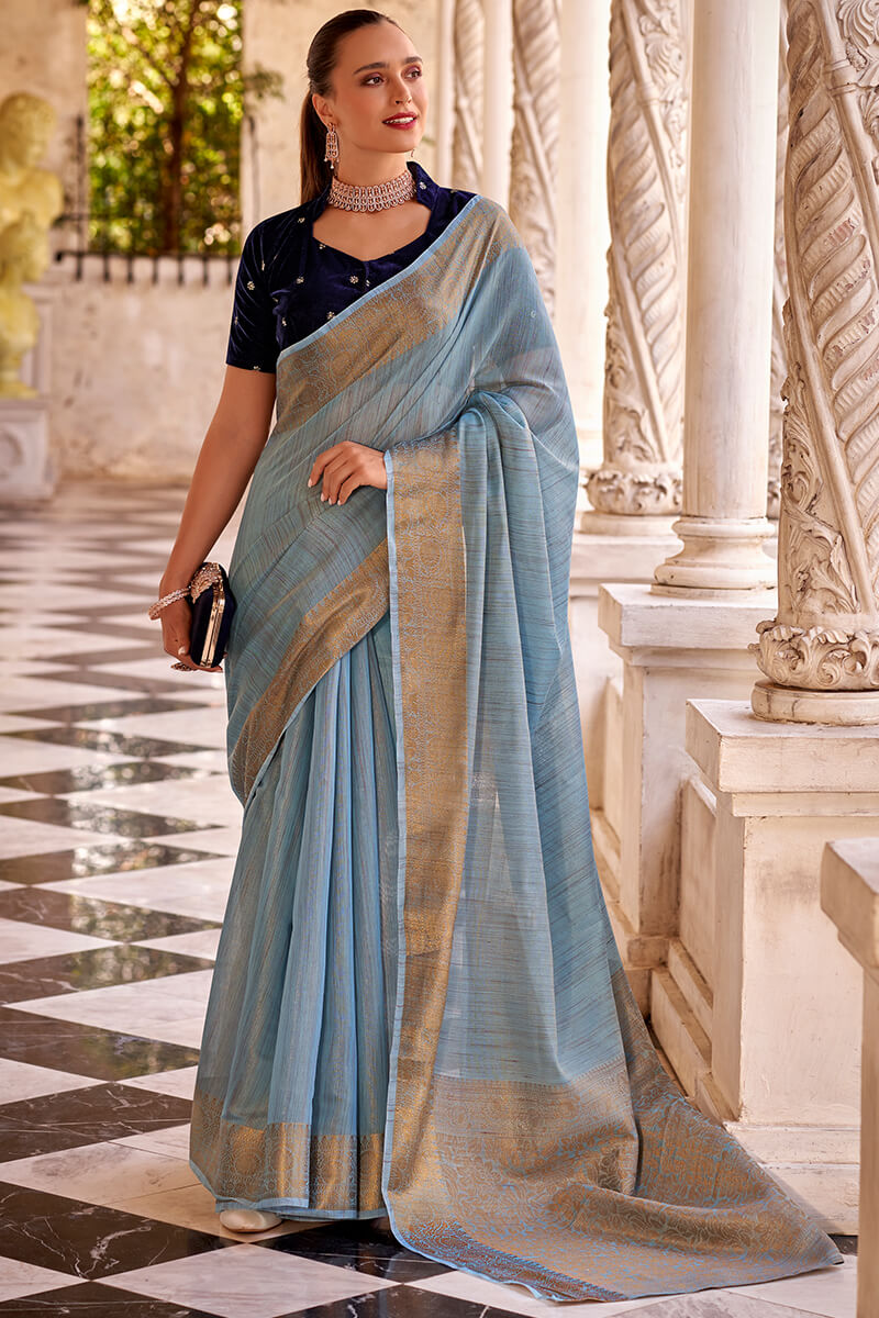 Alluring Sky Cotton Silk Saree With Phenomenal Blouse Piece