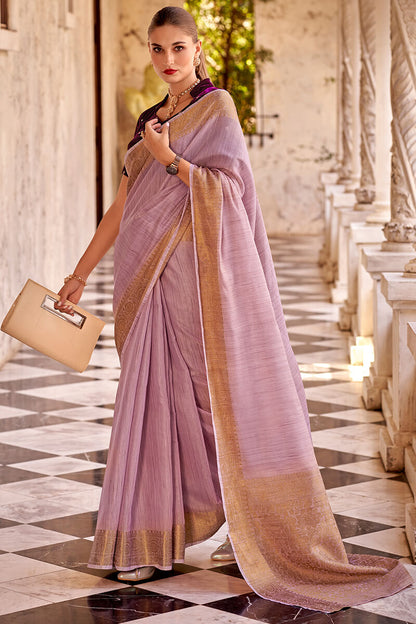 Demanding Lavender Cotton Silk Saree With Groovy Blouse Piece