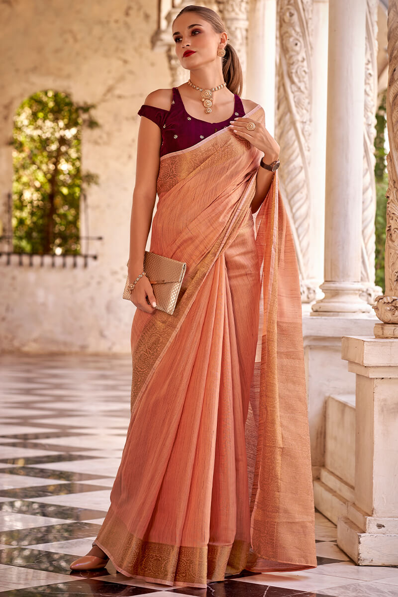 Vestigial Peach Cotton Silk Saree With Staggering Blouse Piece