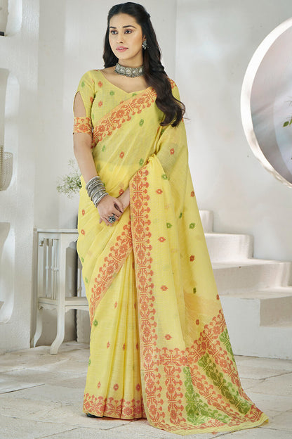 Flamboyant Yellow Cotton Silk Saree With Surpassing Blouse Piece