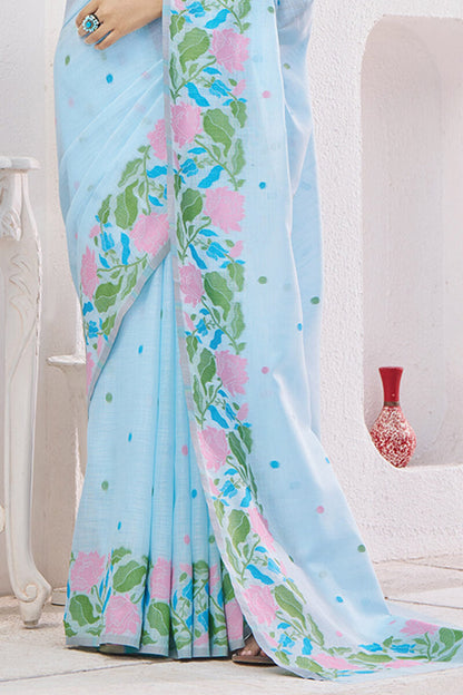 Embrocation Sky Cotton Silk Saree With Propinquity Blouse Piece