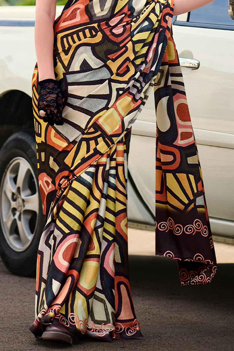 Phenomenal Multicolor Digital Printed Satin Silk Saree With Gratifying Blouse Piece