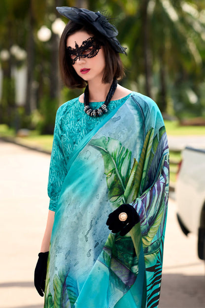 Jazzy Firozi Digital Printed Satin Silk Saree With Hypnotic Blouse Piece