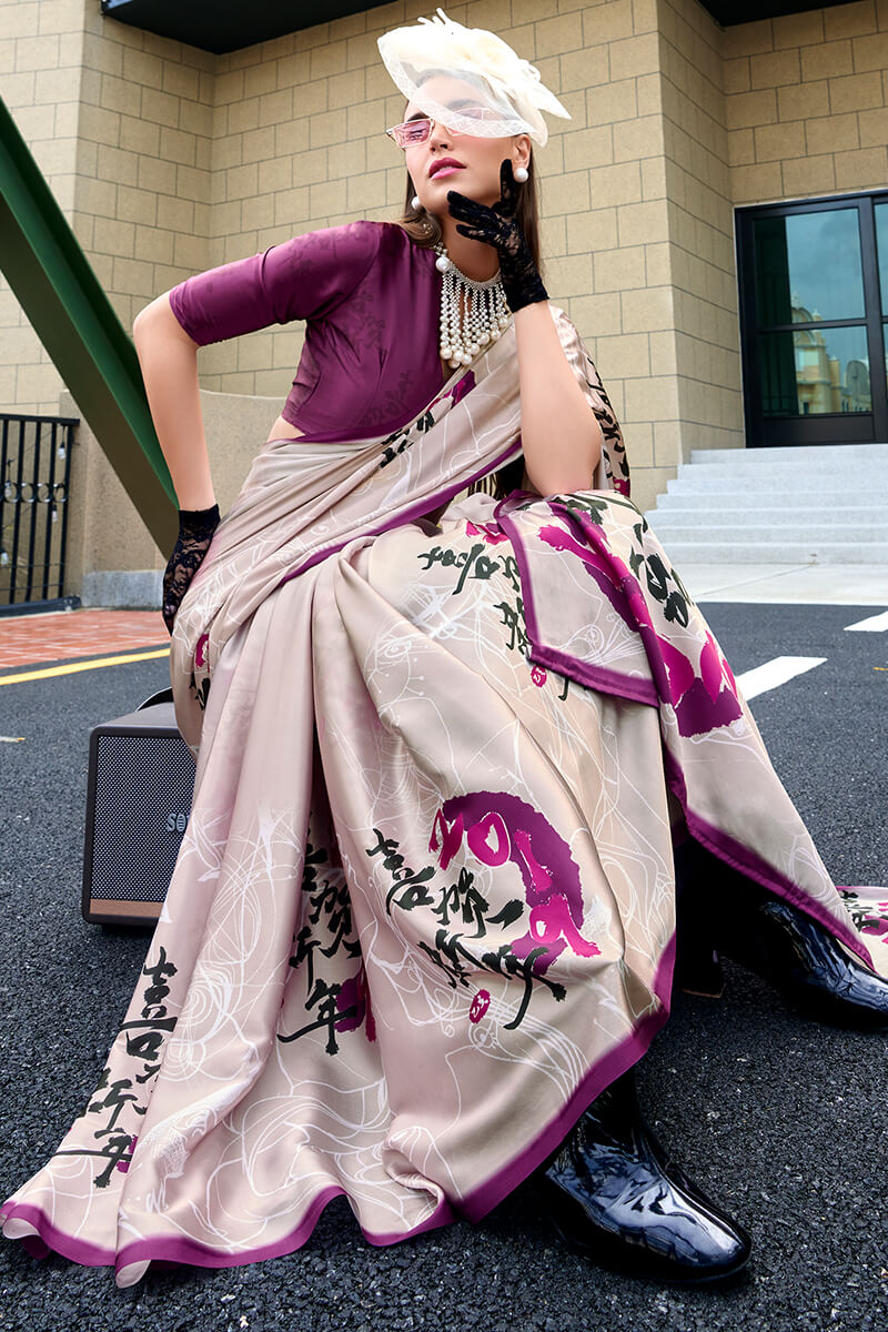 Flamboyant Beige Digital Printed Satin Silk Saree With Inspiring Blouse Piece