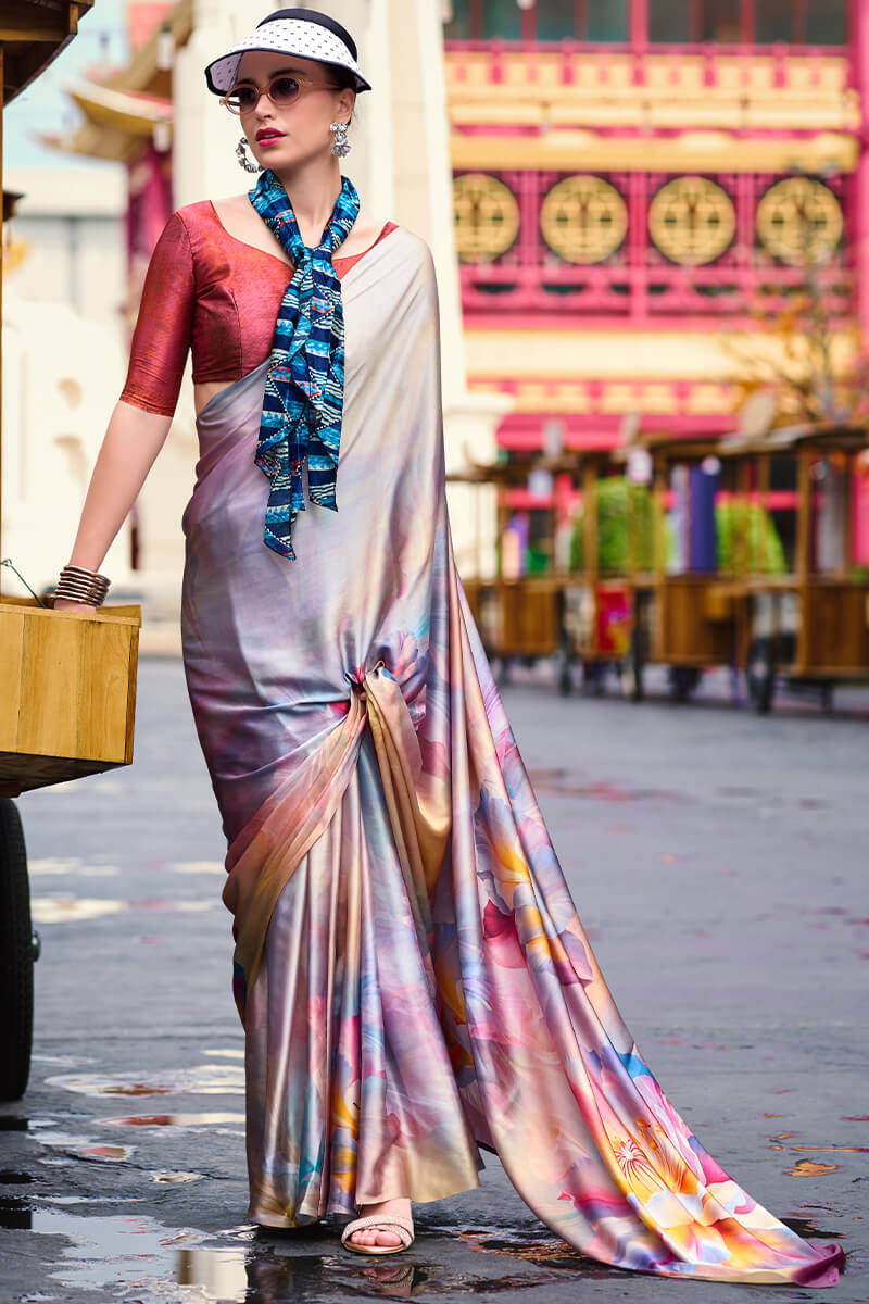 Beauteous Grey Digital Printed Satin Silk Saree With Demesne Blouse Piece