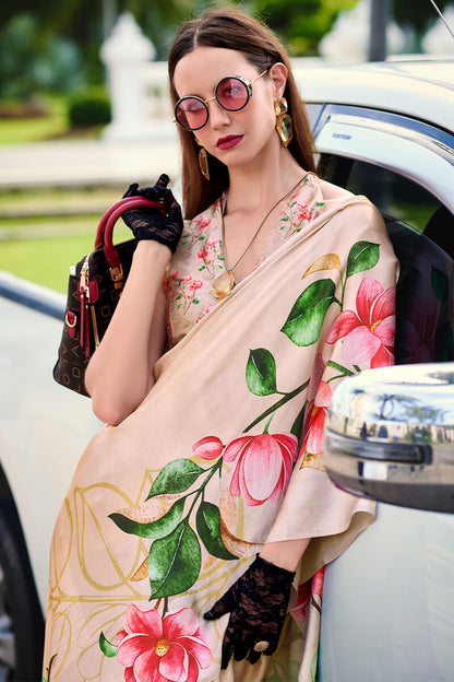 Sempiternal Beige Digital Printed Satin Silk Saree With Confounding Blouse Piece