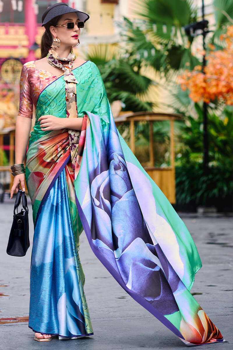 Scrumptious Sea Green Digital Printed Satin Silk Saree With Transcendent Blouse Piece