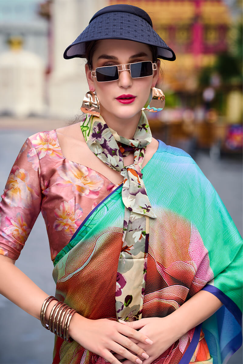 Scrumptious Sea Green Digital Printed Satin Silk Saree With Transcendent Blouse Piece