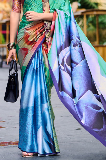 Scrumptious Sea Green Digital Printed Satin Silk Saree With Transcendent Blouse Piece
